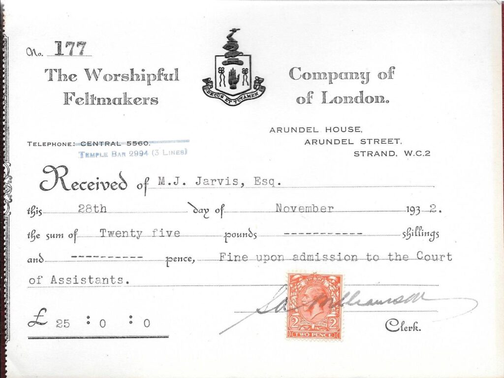 Stamped receipt for the 25 shilling fine payable on admission to the Court of Assistants