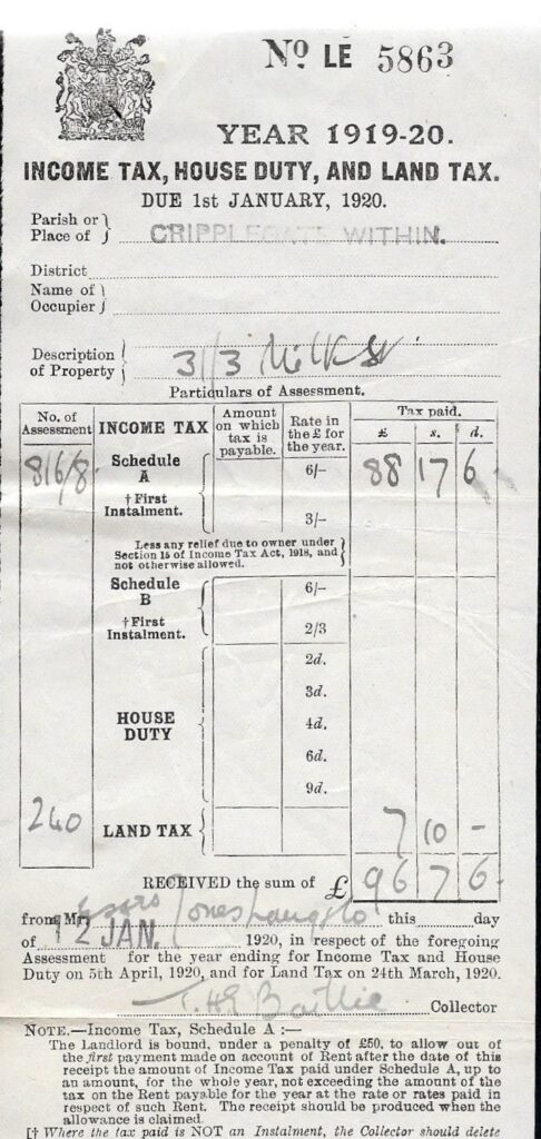 A tax demand for Milk Street London from 1919-20