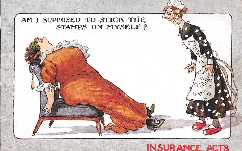 Postcard. 1911. Maid with Mistress saying "Am I suppsed to sticj them on myself". She is covered in stamps