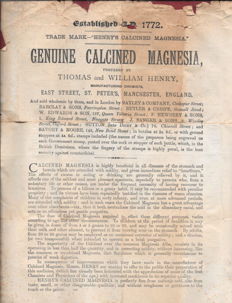 Leaflet for "Henny's Calcined Magnesia"