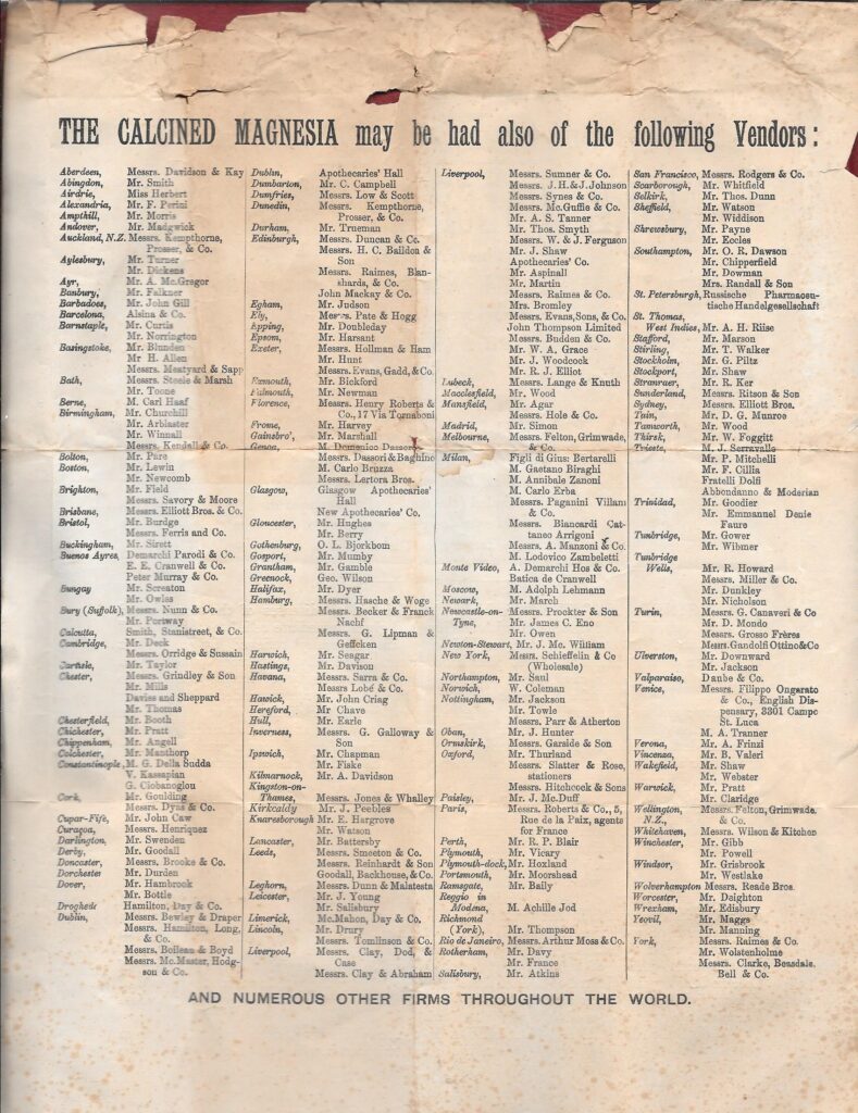 "Henry's Calcined Magnesia"  Reverse of leaflet showing list of vendors.